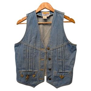 Vtg Pentimento Pleated Trucker‎ Boho Cottagecore Y2K Denim Vest 90s Western Sz L